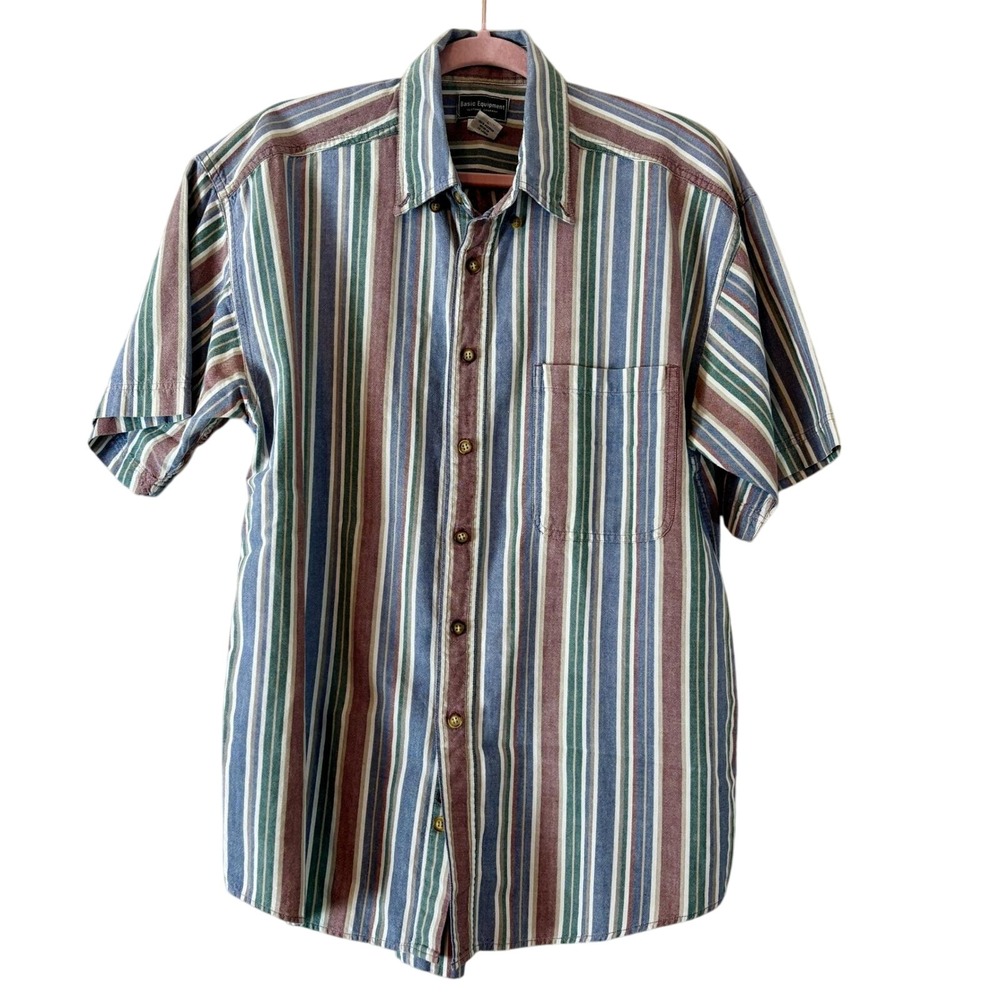 Basic Equipment Striped Button Up Short Sleeve Casual Shirt‎ Size Large L